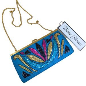 Diane Gilman Silk and Sequin and Beaded Clutch / Shoulder Purse - Blue Gold